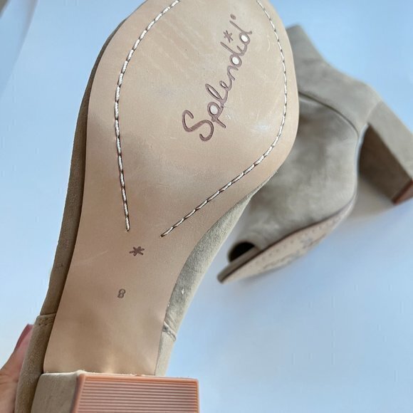 NEW‎ SPLENDID Rayna Suede Peep Toe Camel Bootie Ankle Boots Heeled Womens - Picture 7 of 9